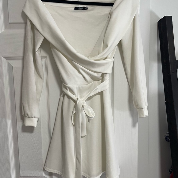 Boohoo white Off-Shoulder skater dress Size US 8 - Picture 3 of 6